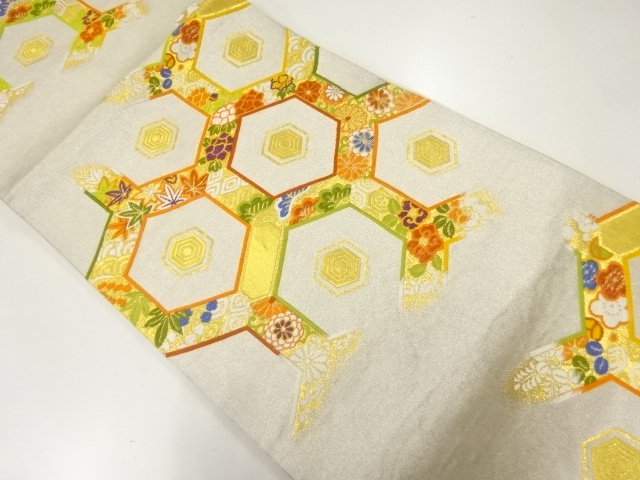 アンティーク　重ね亀甲に花模様織出し袋帯（材料）